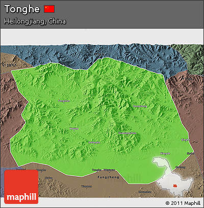 Political 3D Map of Tonghe, darken, semi-desaturated