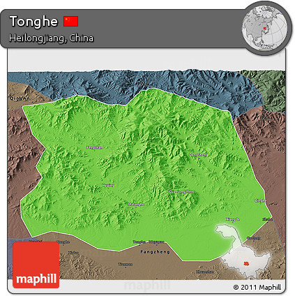 Political 3D Map of Tonghe, darken, semi-desaturated