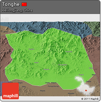 Political 3D Map of Tonghe, darken, semi-desaturated