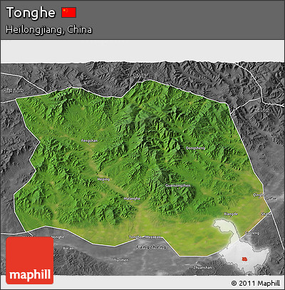 Satellite 3D Map of Tonghe, desaturated