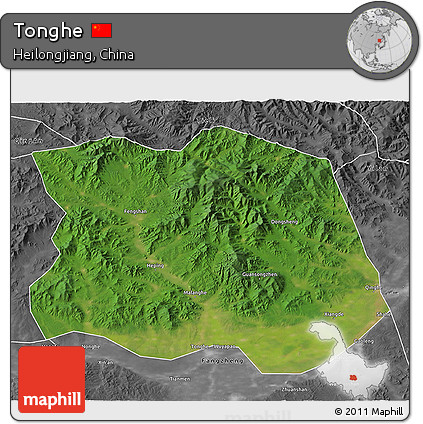 Satellite 3D Map of Tonghe, desaturated