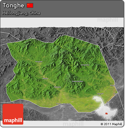 Satellite 3D Map of Tonghe, desaturated
