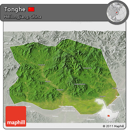 Satellite 3D Map of Tonghe, lighten, semi-desaturated