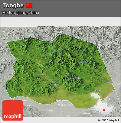 Satellite 3D Map of Tonghe, lighten, semi-desaturated