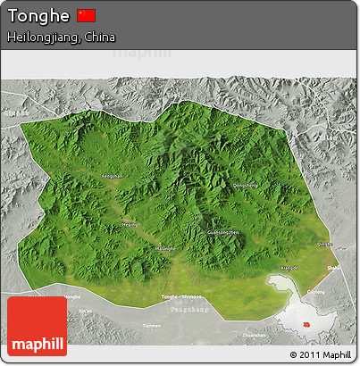 Satellite 3D Map of Tonghe, lighten, semi-desaturated