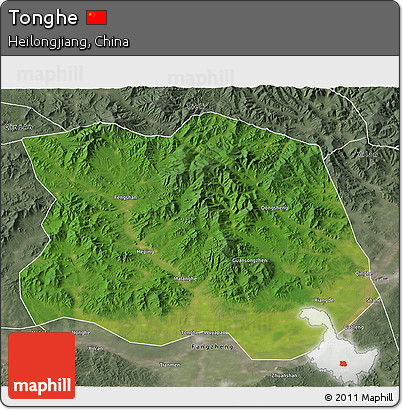 Satellite 3D Map of Tonghe, semi-desaturated