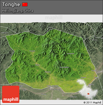 Satellite 3D Map of Tonghe, semi-desaturated