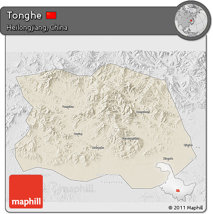 Shaded Relief 3D Map of Tonghe, lighten, desaturated