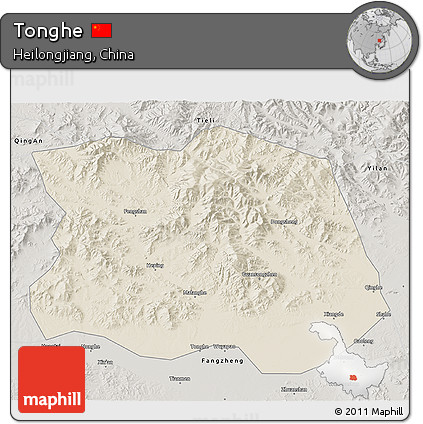 Shaded Relief 3D Map of Tonghe, semi-desaturated