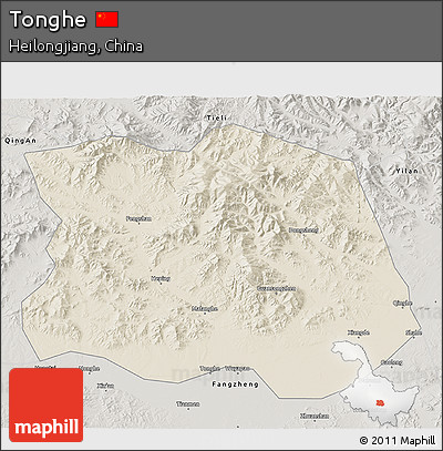 Shaded Relief 3D Map of Tonghe, semi-desaturated