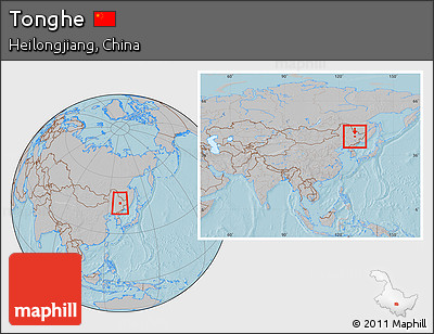 Gray Location Map of Tonghe, within the entire country, hill shading