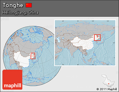 Gray Location Map of Tonghe, highlighted country, within the entire country, hill shading