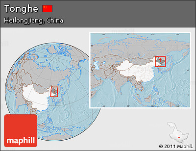 Gray Location Map of Tonghe, highlighted country, highlighted parent region, within the entire country, hill shading