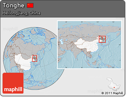 Gray Location Map of Tonghe, highlighted country, highlighted parent region, within the entire country, hill shading