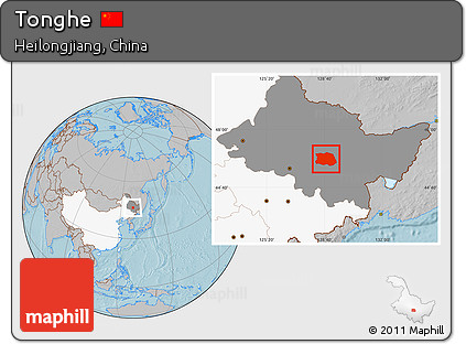 Gray Location Map of Tonghe, highlighted country, highlighted parent region, hill shading