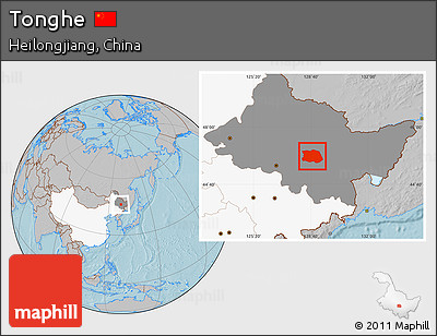 Gray Location Map of Tonghe, highlighted country, highlighted parent region, hill shading
