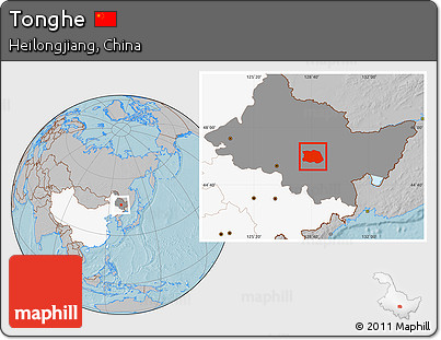 Gray Location Map of Tonghe, highlighted country, highlighted parent region, hill shading