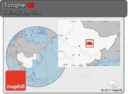 Gray Location Map of Tonghe, highlighted country, hill shading