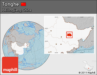 Gray Location Map of Tonghe, highlighted country, hill shading