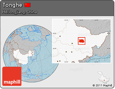 Gray Location Map of Tonghe, highlighted country, hill shading