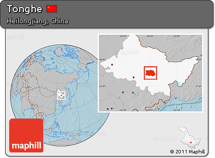 Gray Location Map of Tonghe, highlighted parent region, hill shading