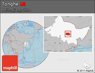 Gray Location Map of Tonghe, highlighted parent region, hill shading