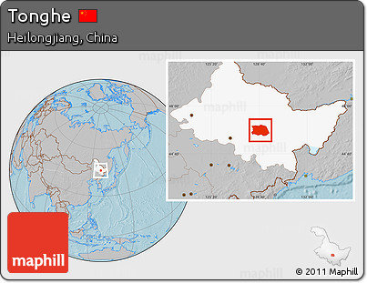 Gray Location Map of Tonghe, highlighted parent region, hill shading