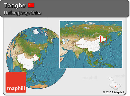 Satellite Location Map of Tonghe, highlighted country, within the entire country
