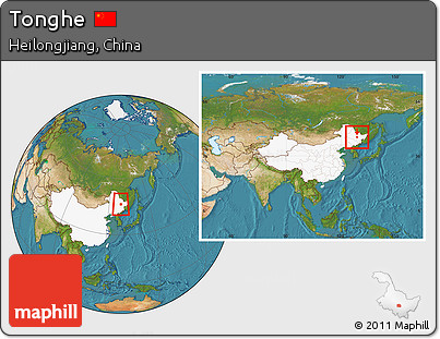 Satellite Location Map of Tonghe, highlighted country, within the entire country