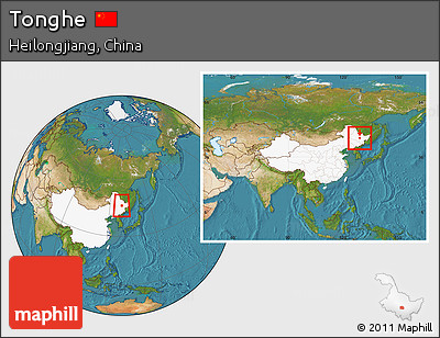 Satellite Location Map of Tonghe, highlighted country, within the entire country
