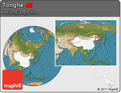Satellite Location Map of Tonghe, highlighted country, highlighted parent region, within the entire country