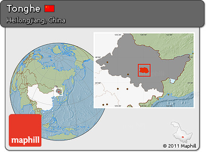Savanna Style Location Map of Tonghe, highlighted country, highlighted parent region, hill shading