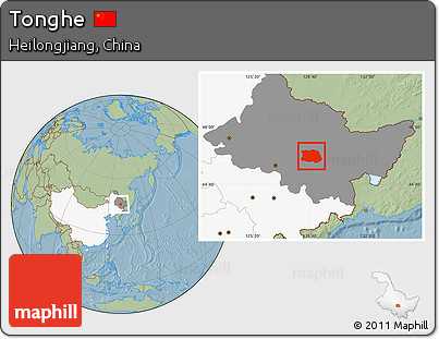 Savanna Style Location Map of Tonghe, highlighted country, highlighted parent region, hill shading