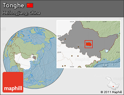 Savanna Style Location Map of Tonghe, highlighted country, highlighted parent region, hill shading