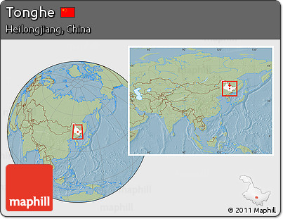 Savanna Style Location Map of Tonghe, highlighted parent region, within the entire country, hill shading