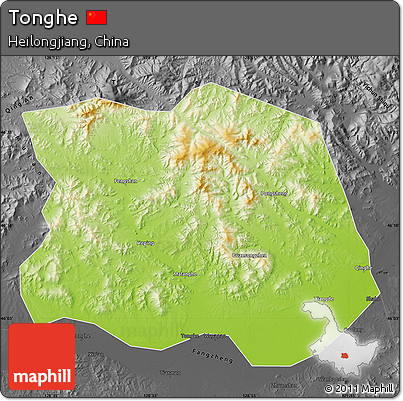 Physical Map of Tonghe, darken, desaturated