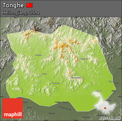Physical Map of Tonghe, darken, semi-desaturated