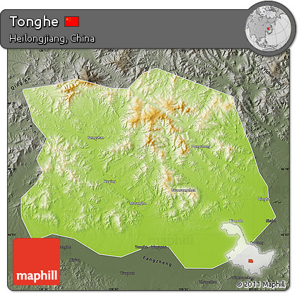Physical Map of Tonghe, darken, semi-desaturated
