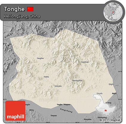 Shaded Relief Map of Tonghe, darken, desaturated