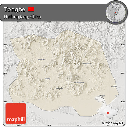 Shaded Relief Map of Tonghe, lighten, semi-desaturated