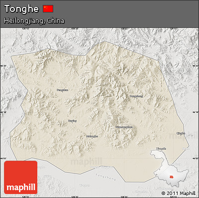 Shaded Relief Map of Tonghe, lighten, semi-desaturated