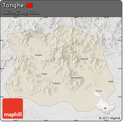 Shaded Relief Map of Tonghe, lighten, semi-desaturated