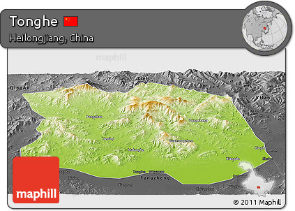 Physical Panoramic Map of Tonghe, darken, desaturated