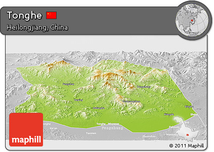 Physical Panoramic Map of Tonghe, lighten, desaturated