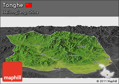 Satellite Panoramic Map of Tonghe, darken, desaturated