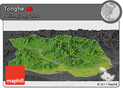 Satellite Panoramic Map of Tonghe, darken, desaturated