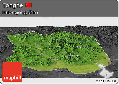 Satellite Panoramic Map of Tonghe, darken, desaturated