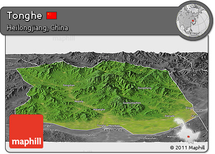 Satellite Panoramic Map of Tonghe, desaturated