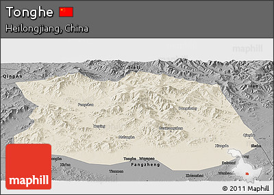 Shaded Relief Panoramic Map of Tonghe, darken, desaturated