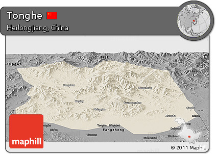 Shaded Relief Panoramic Map of Tonghe, darken, desaturated